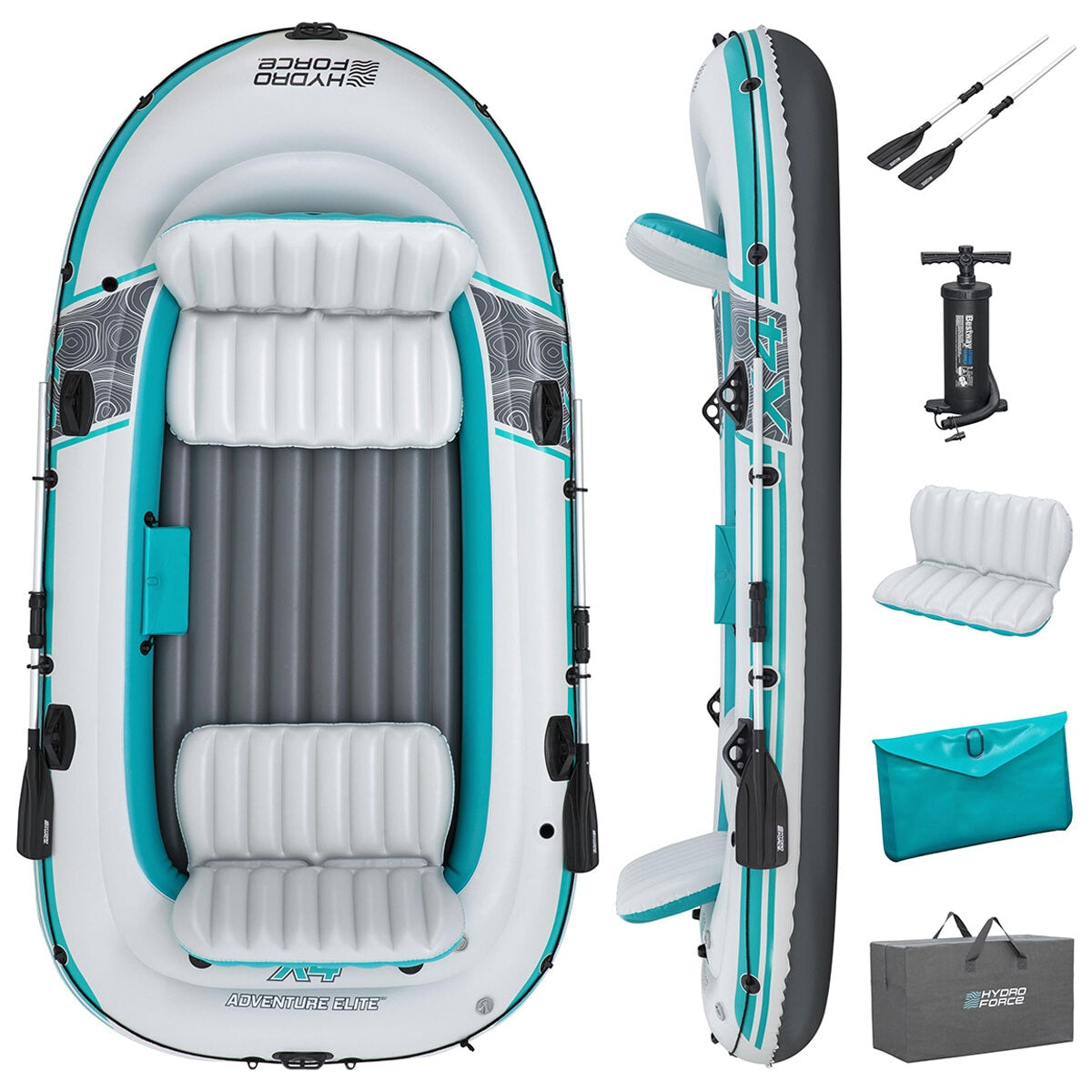 Bestway Hydro Force Adventure Elite X4 Inflatable Raft Set for 4 Adults, Grey/Teal - SuperSaverAU - view 2