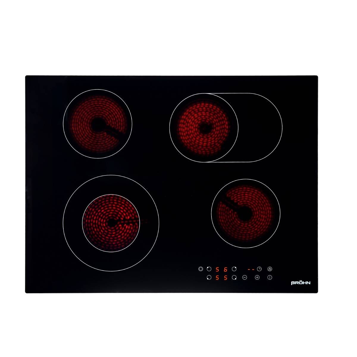 Brohn 70cm Ceramic Cooktop - Black Glass, 4 Zones with Dual Zone, Touch Control, Overflow Detection - 2KC472