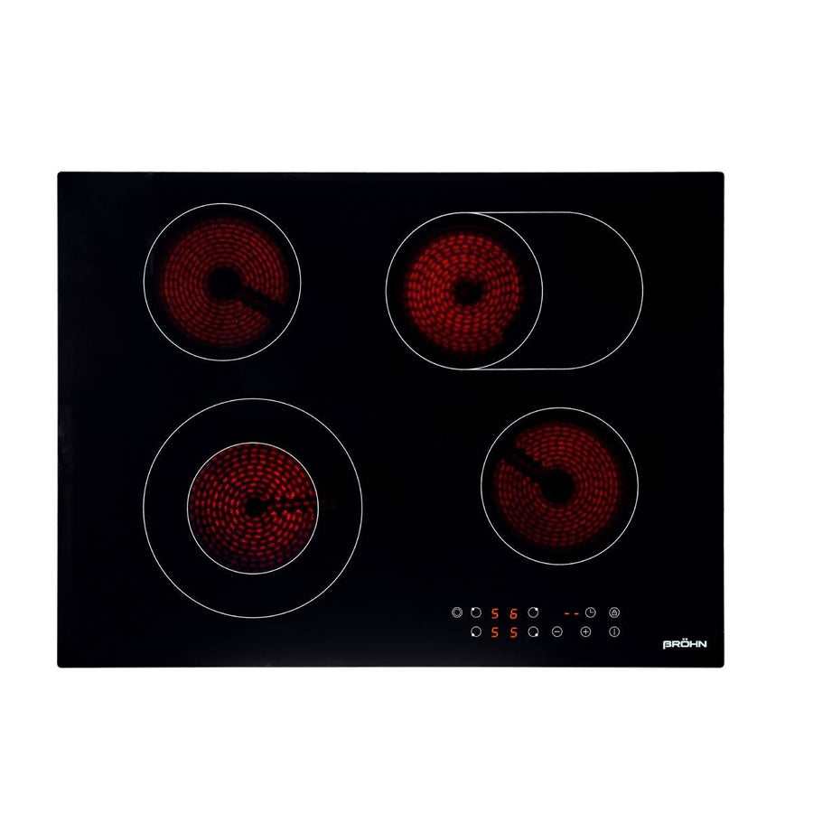 Brohn 70cm Ceramic Cooktop - Black Glass, 4 Zones with Dual Zone, Touch Control, Overflow Detection - 2KC472
