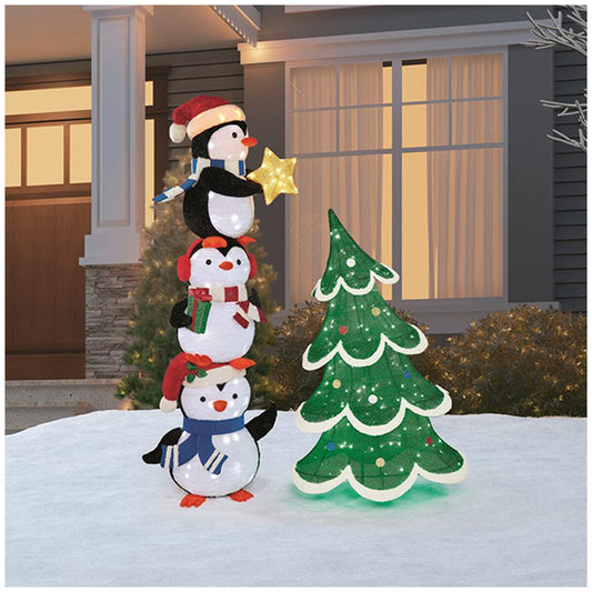 Stacked Penguin LED Display 183cm with Twinkling Lights & Metal Stakes