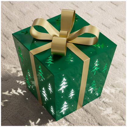 Metal Gift Box Set 3 Piece Green with LED Lights, Tree Pattern, Indoor Use