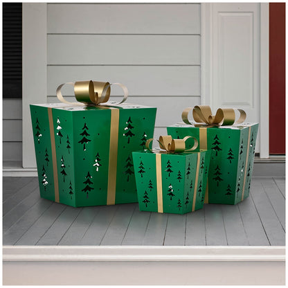 Metal Gift Box Set 3 Piece Green with LED Lights, Tree Pattern, Indoor Use