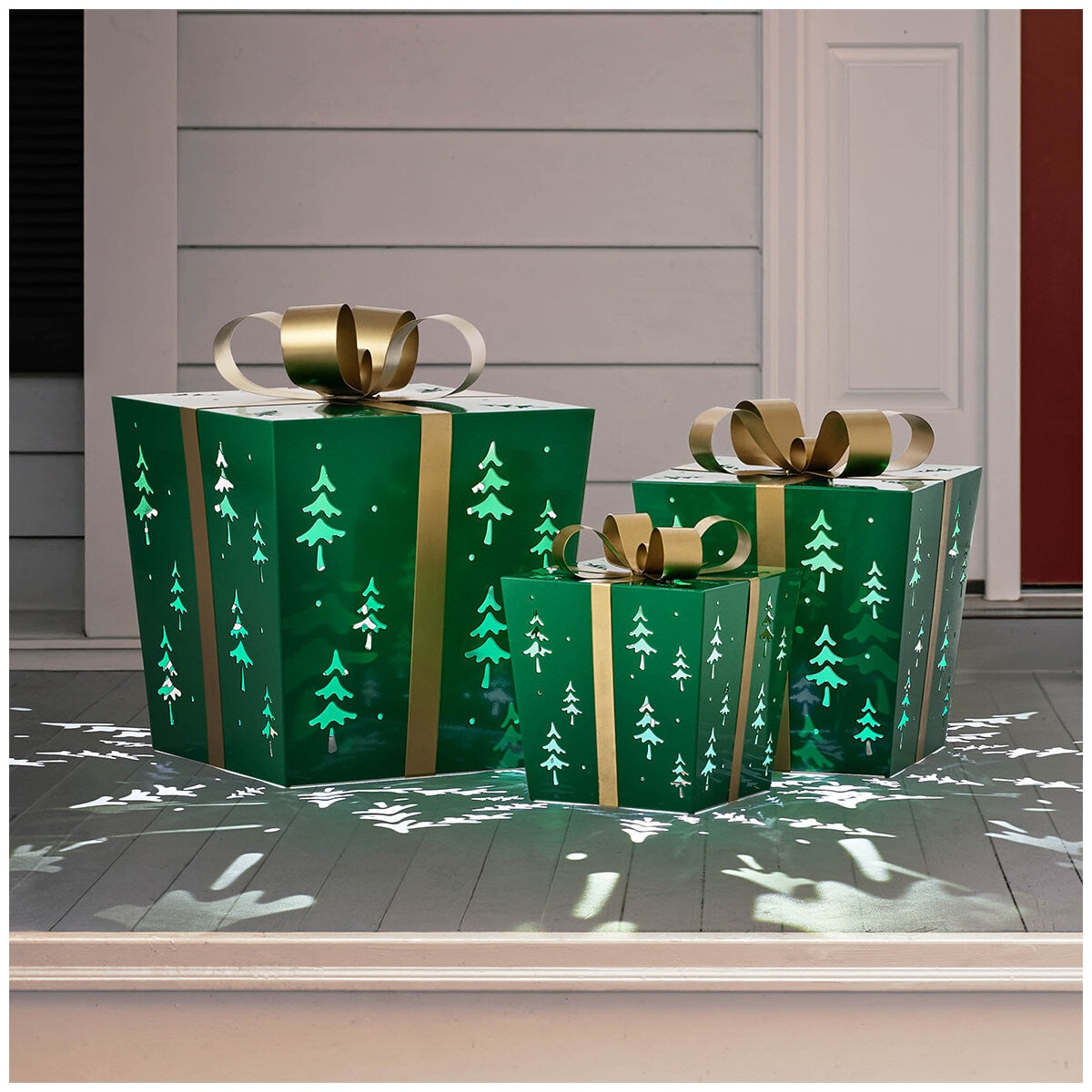 Metal Gift Box Set 3 Piece Green with LED Lights, Tree Pattern, Indoor Use