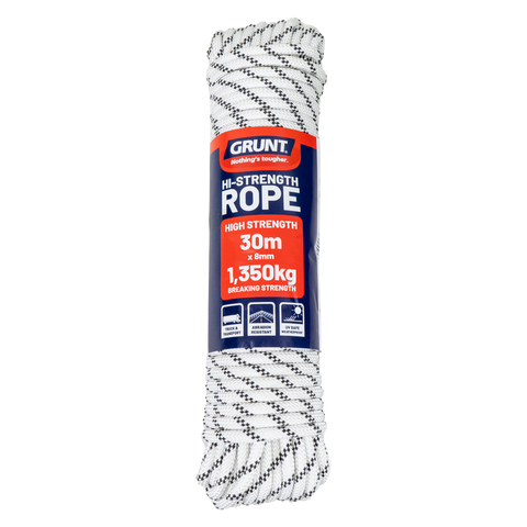 Grunt 8mm x 30m High Strength Rope, White with Black Trace, Polyester, 1350kg Break Strength