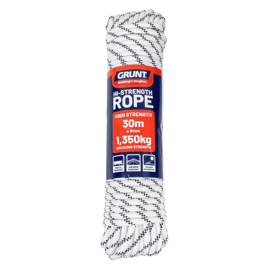 Grunt 8mm x 30m High Strength Rope, White with Black Trace, Polyester, 1350kg Break Strength