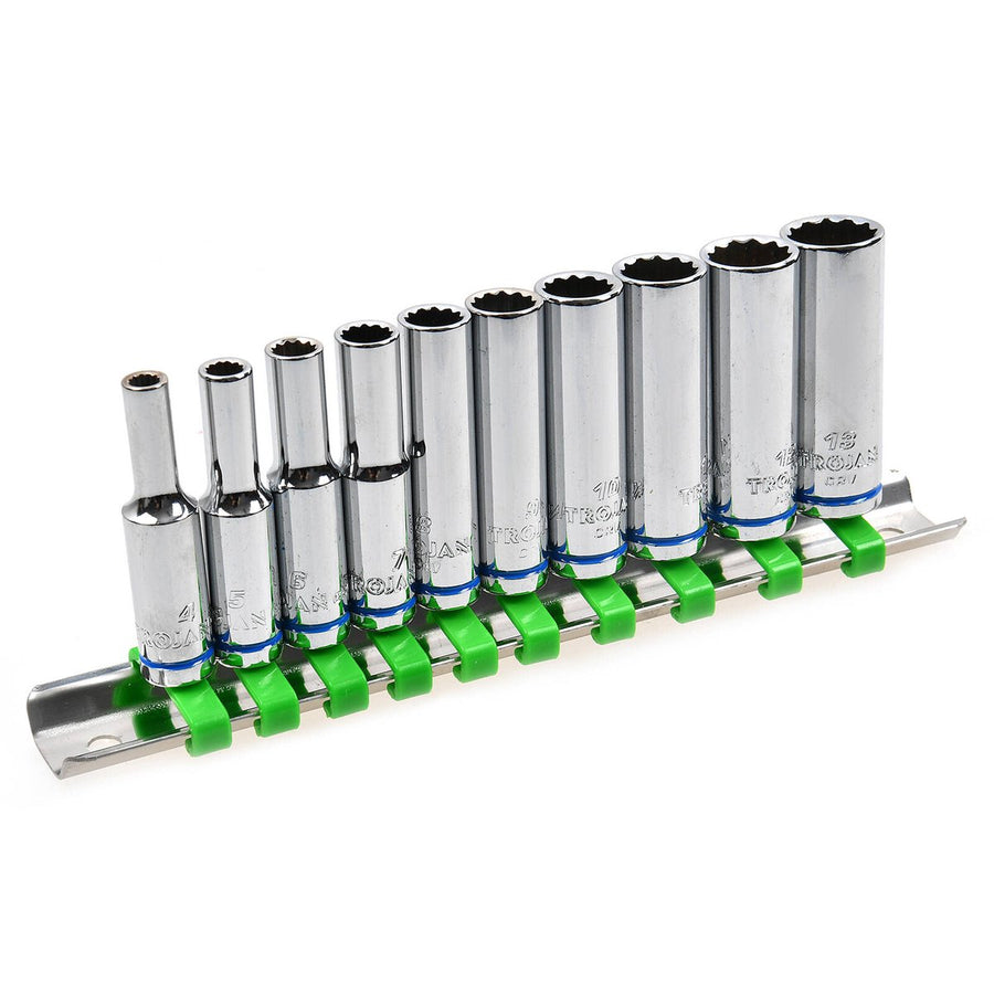 Trojan 10 Piece Deep Socket Rail Set 1/4" - 4mm to 13mm - Chrome Vanadium - SuperSaverAU - view 1