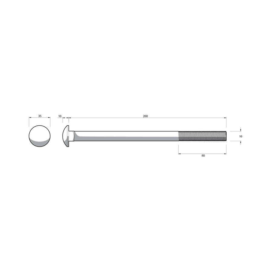 Zenith M16 x 260mm Hot Dip Galvanised Cup Head Bolt and Nut - Each
