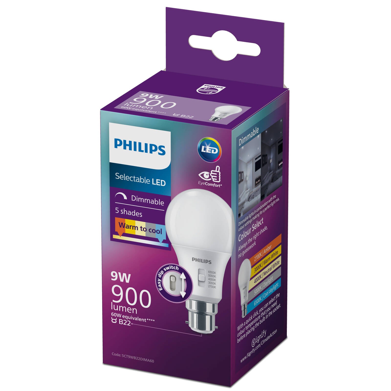 Philips A60 B22 LED 900lm 5CCT 9W Dimmable Globe 929003785319