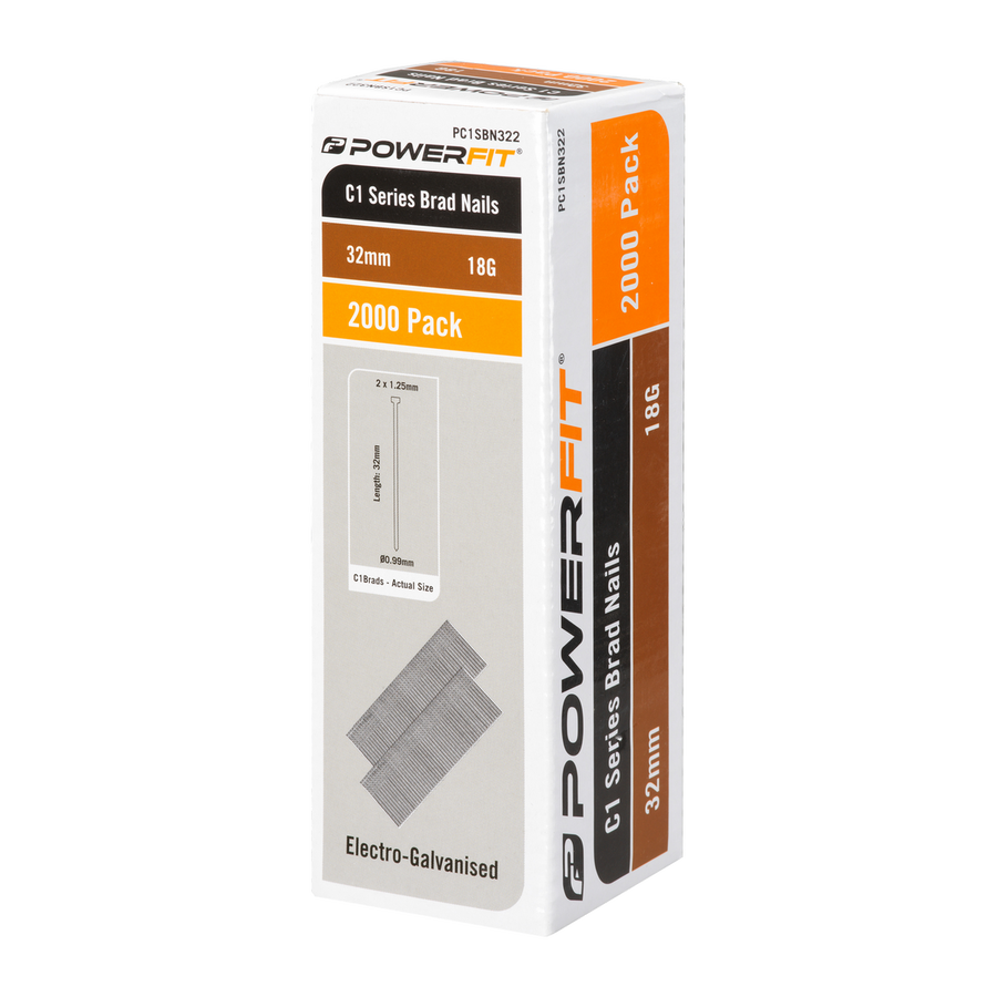 Powerfit 32mm C1 Series Electro Galvanised Brad Nails - 2000 Pack - 18 Gauge - Corrosion Resistant - SuperSaverAU - view 1