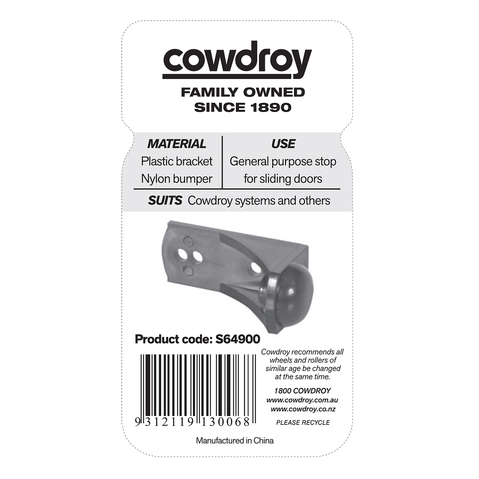 Cowdroy 60mm Nylon Sliding Track Door Stop - Black