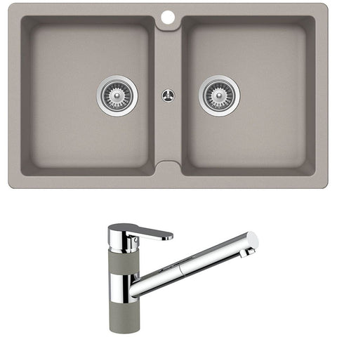 Abey Schock Typos double sink and ISA pull out mixer tap - Concrete Grey finish, 5 star WELS - TN200T2C