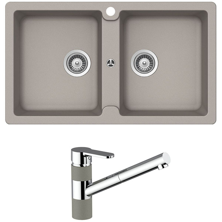 Abey Schock Typos double sink and ISA pull out mixer tap - Concrete Grey finish, 5 star WELS - TN200T2C