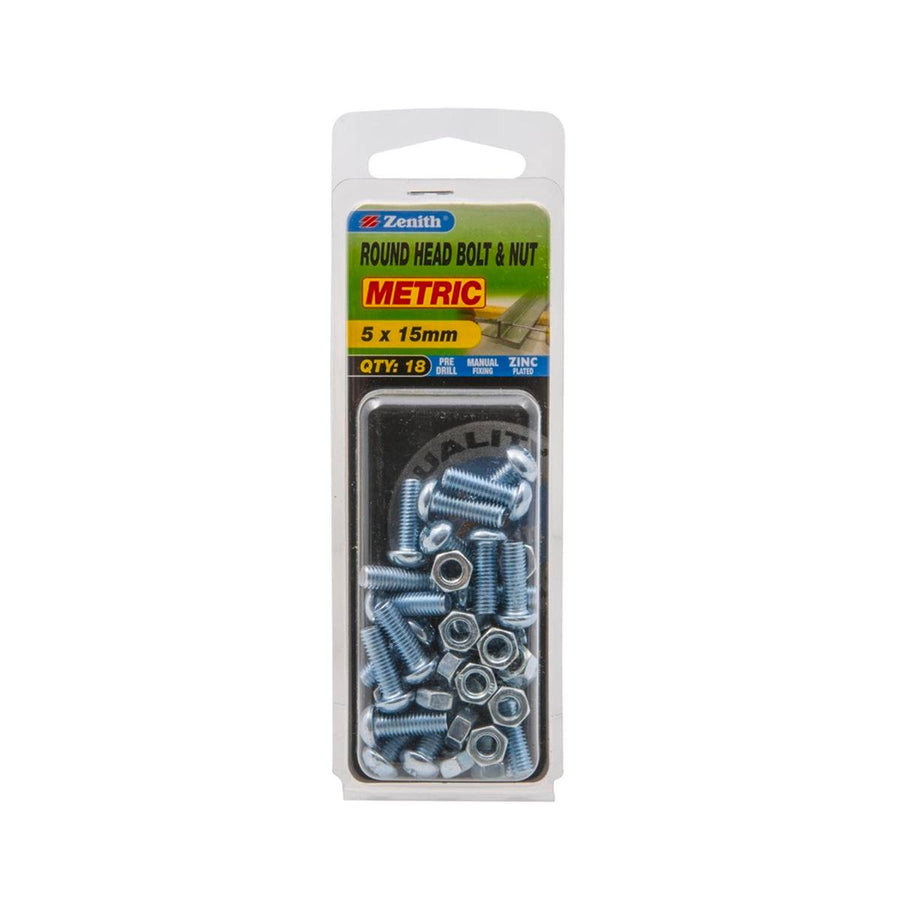 Zenith Bolt and Nut - 5 x 15mm - Zinc Plated - Round Head - 18 Pack - SuperSaverAU - view 1
