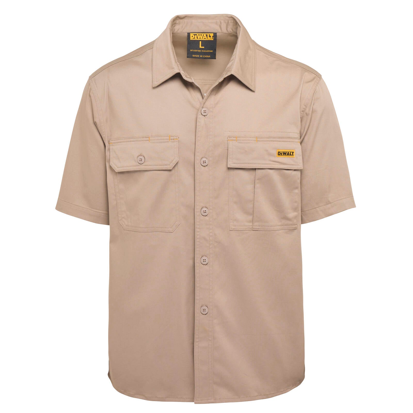 DeWALT Basalt Short Sleeve Button Up Work Shirt - Khaki, Size L, 97% Cotton