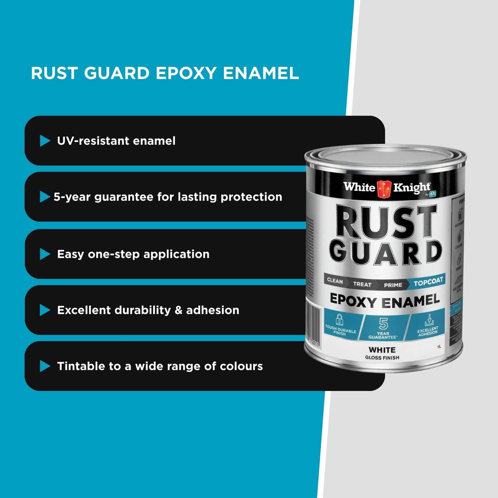 White Knight Rust Guard 1L White Gloss Epoxy Enamel Paint, Solvent-Based, One-Step for Metal Surfaces