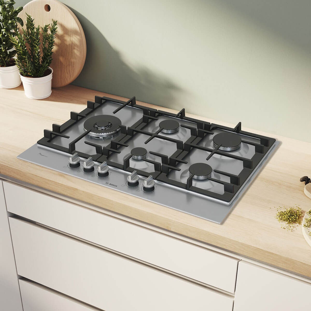 Bosch 75cm Series 6 Gas Cooktop - Stainless Steel, Five Burners, FlameSelect, Wok Burner - PCS7A5I90A