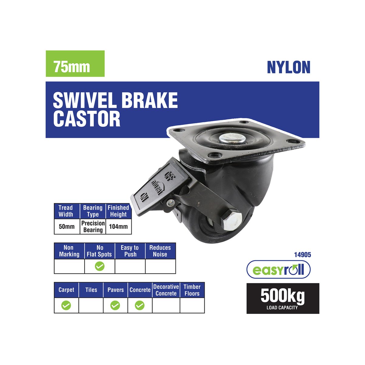 Easyroll 75mm Black Swivel Brake Castor Nylon 500kg Load Capacity - SuperSaverAU - view 3