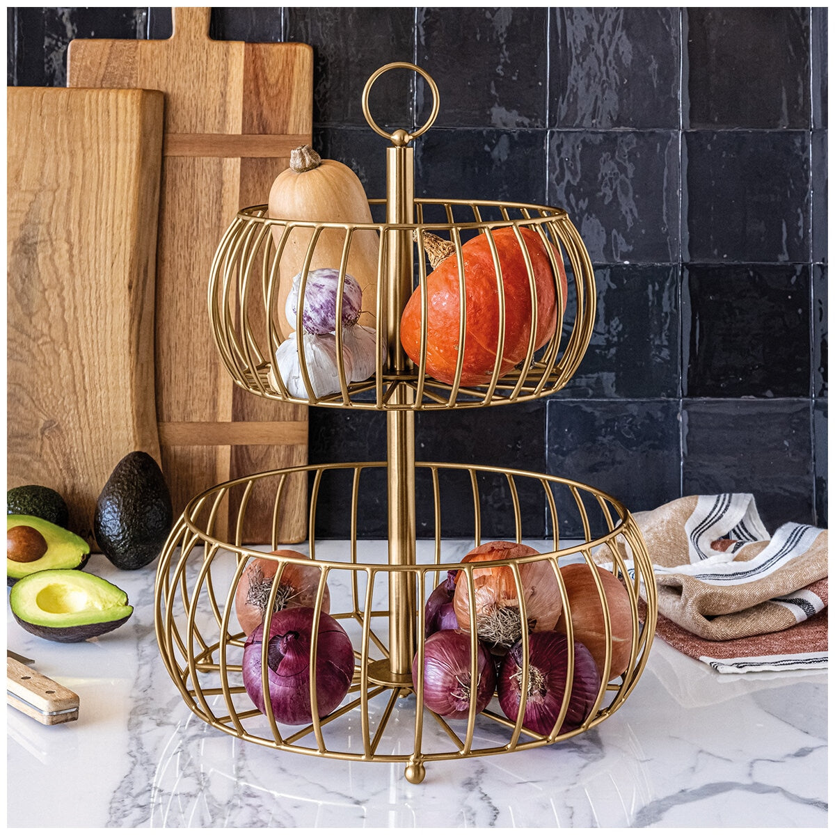 over&back Golden Fruit Basket 2 Tier
