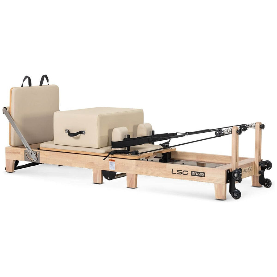 LSG Fitness Foldable Pilates Reformer - Beige, Oak Frame, Adjustable Resistance, Wheels - LGRF-GPR500