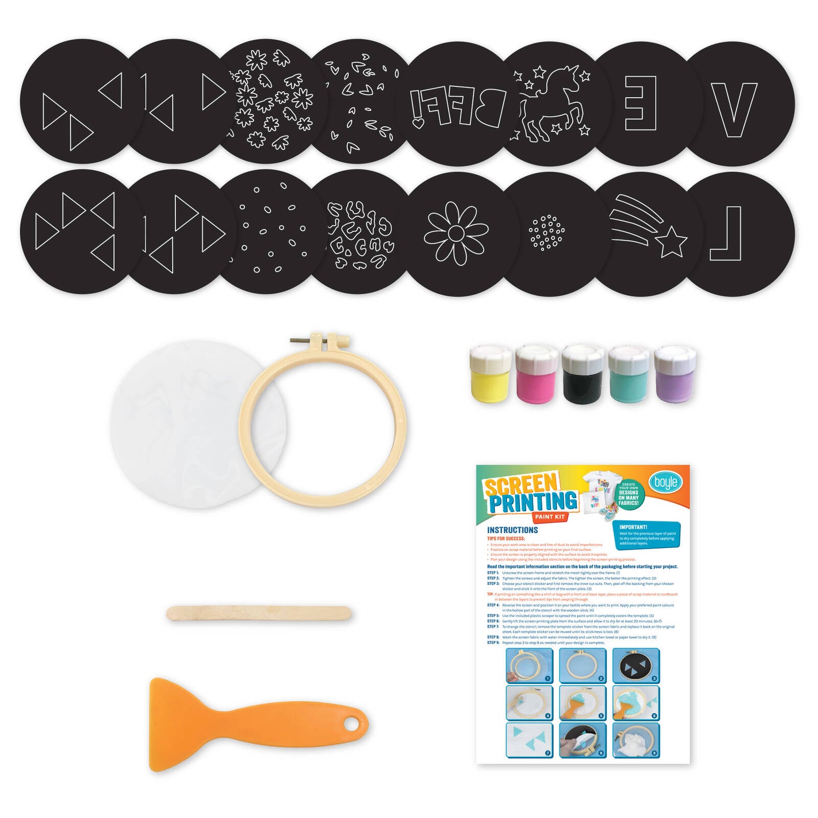 Boyle DIY Screen Printing Paint Kit with 5 Colours, Frame, Scraper & 16 Stencils