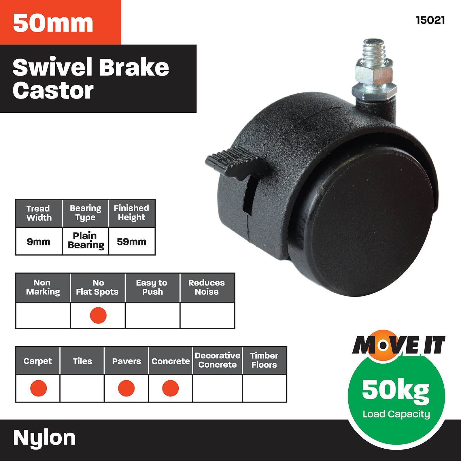 Move It 50mm 5/16" Threaded Hooded Furniture Castor with Brake, Nylon Twin Wheel, 50kg - 2 Pack