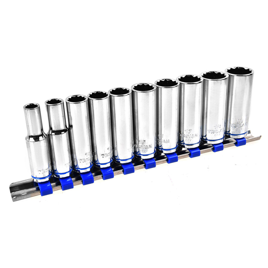 Trojan 10 Piece Deep Socket Rail Set 3/8" Drive 8-19mm Chrome Vanadium 12 Point
