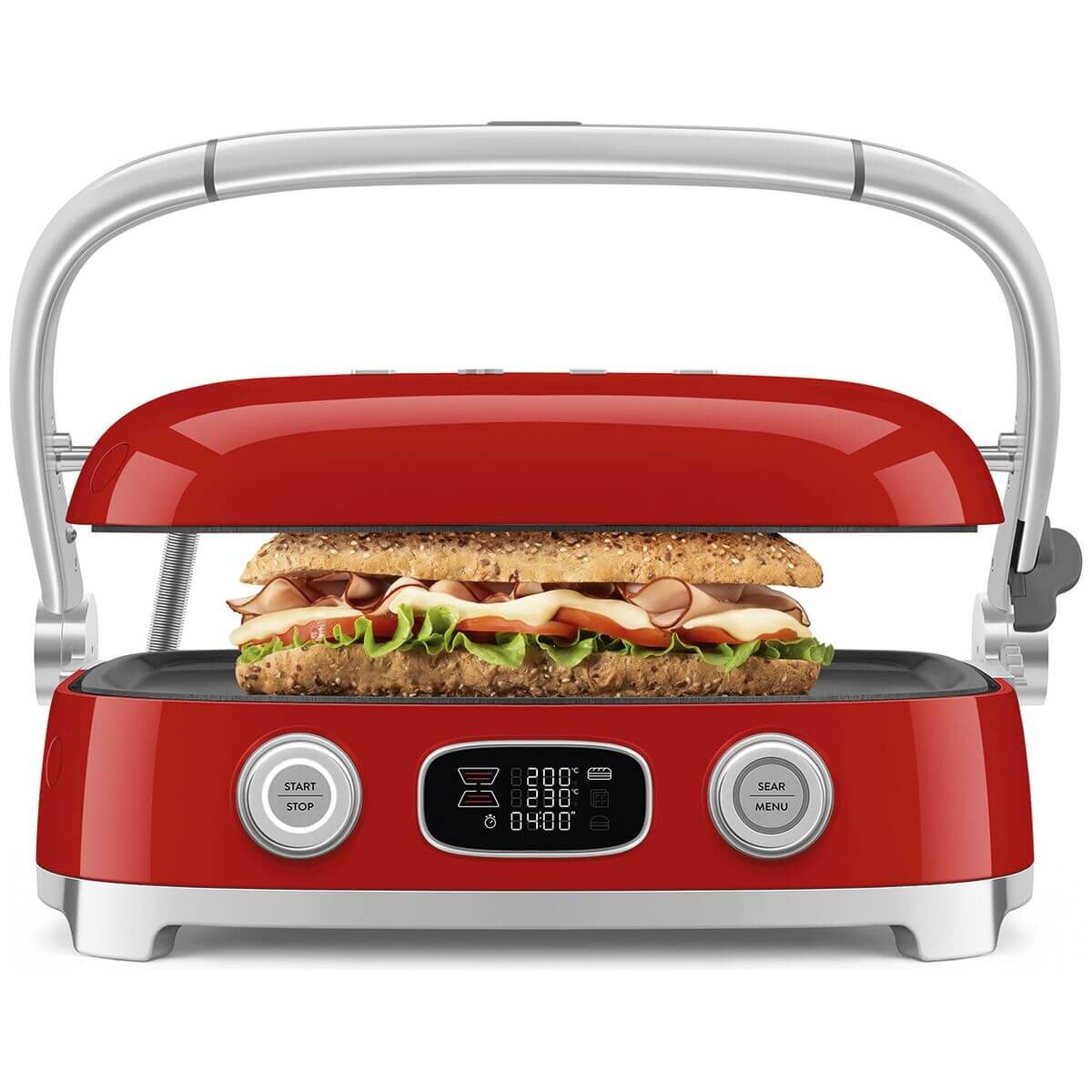 Smeg 50s Style Countertop Multifunctional Grill - Red, 2000W, Ceramic Plates, Drip Tray - MGF01RDAU