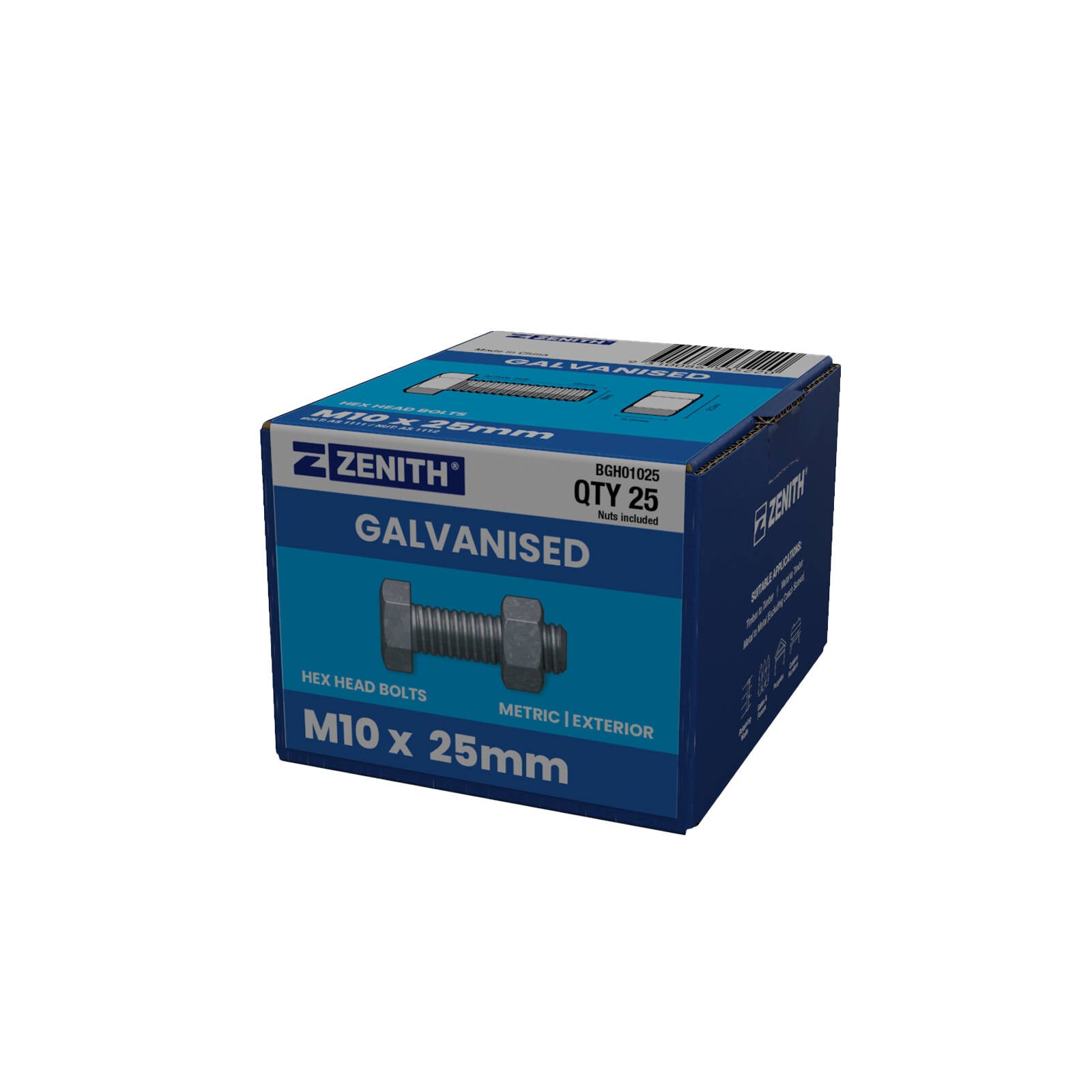 Zenith M10 x 25mm Hot Dip Galvanised Hex Head Bolts & Nuts, 4.6 Grade Steel - 25 Pack