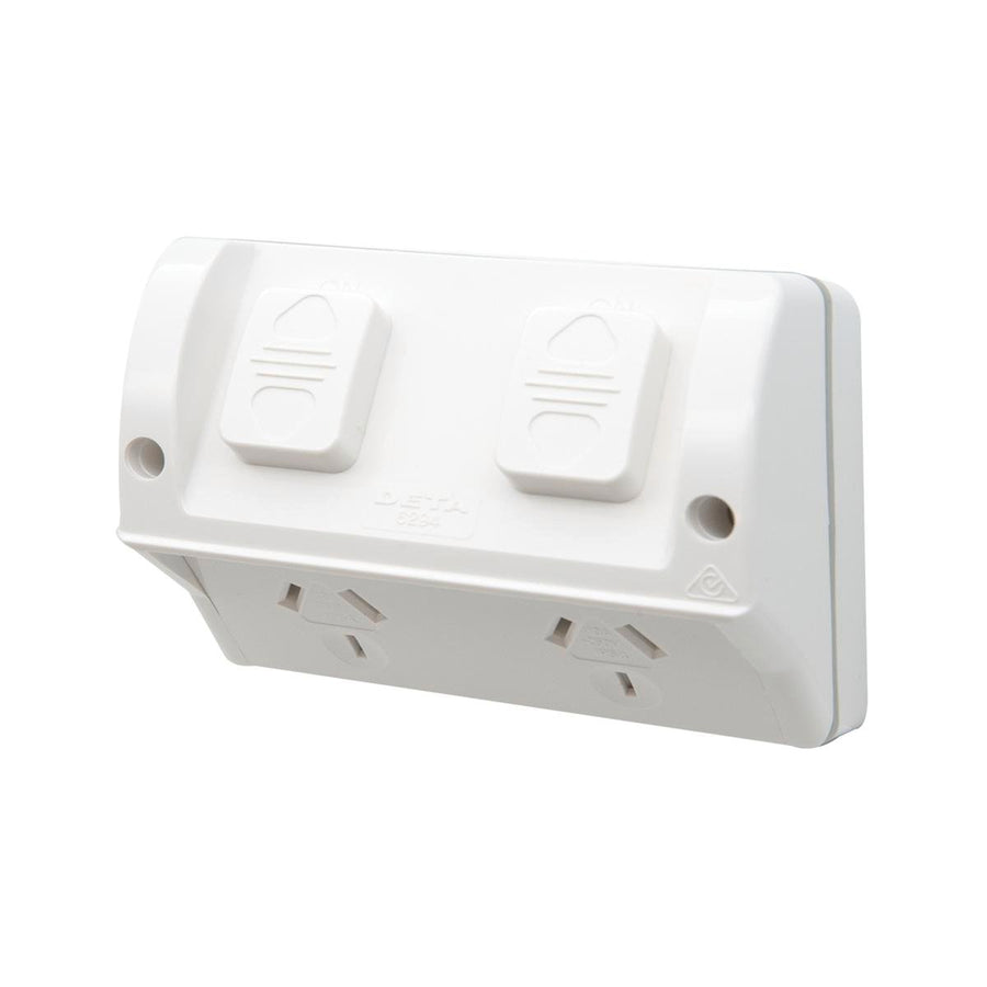 Deta Outdoor Double Power Point - 2 Outlets - 85mm x 55mm x 115mm - White - SuperSaverAU - view 1