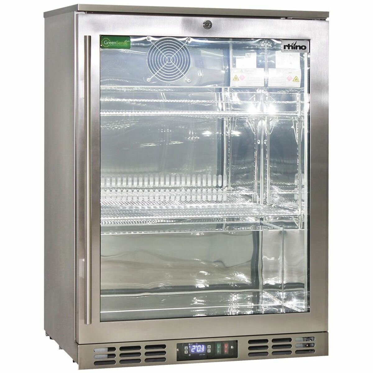 Rhino 129L Heated Glass Door Bar Fridge - Stainless Steel, Lockable, Two Adjustable Shelves, 7 Star - SG1R-HD