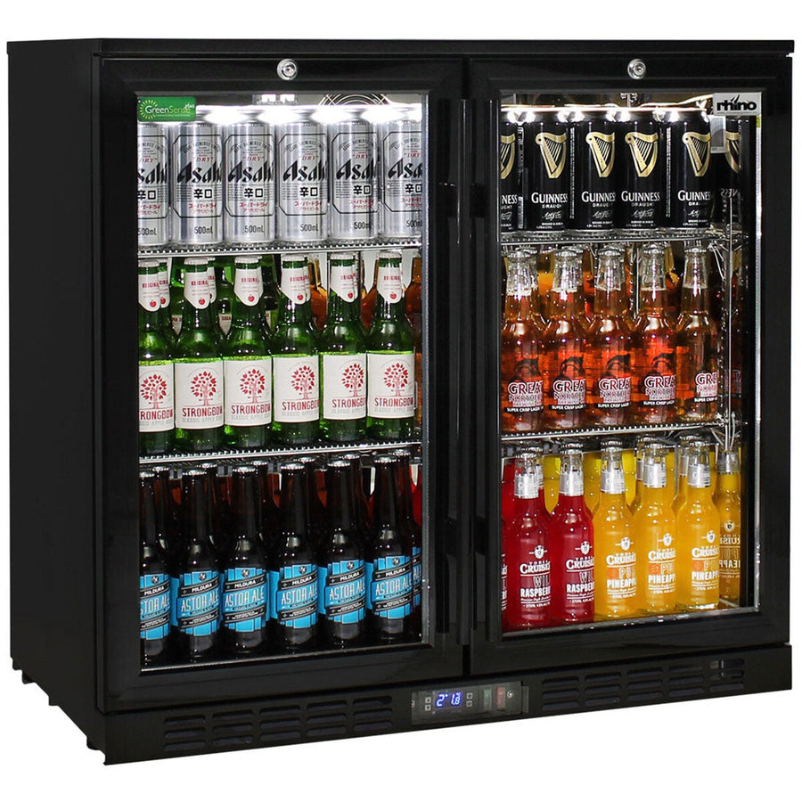 Rhino 208L Double Door Heated Glass Under Bench Beverage Centre - Black, Lockable Doors - SG2H-B-HD