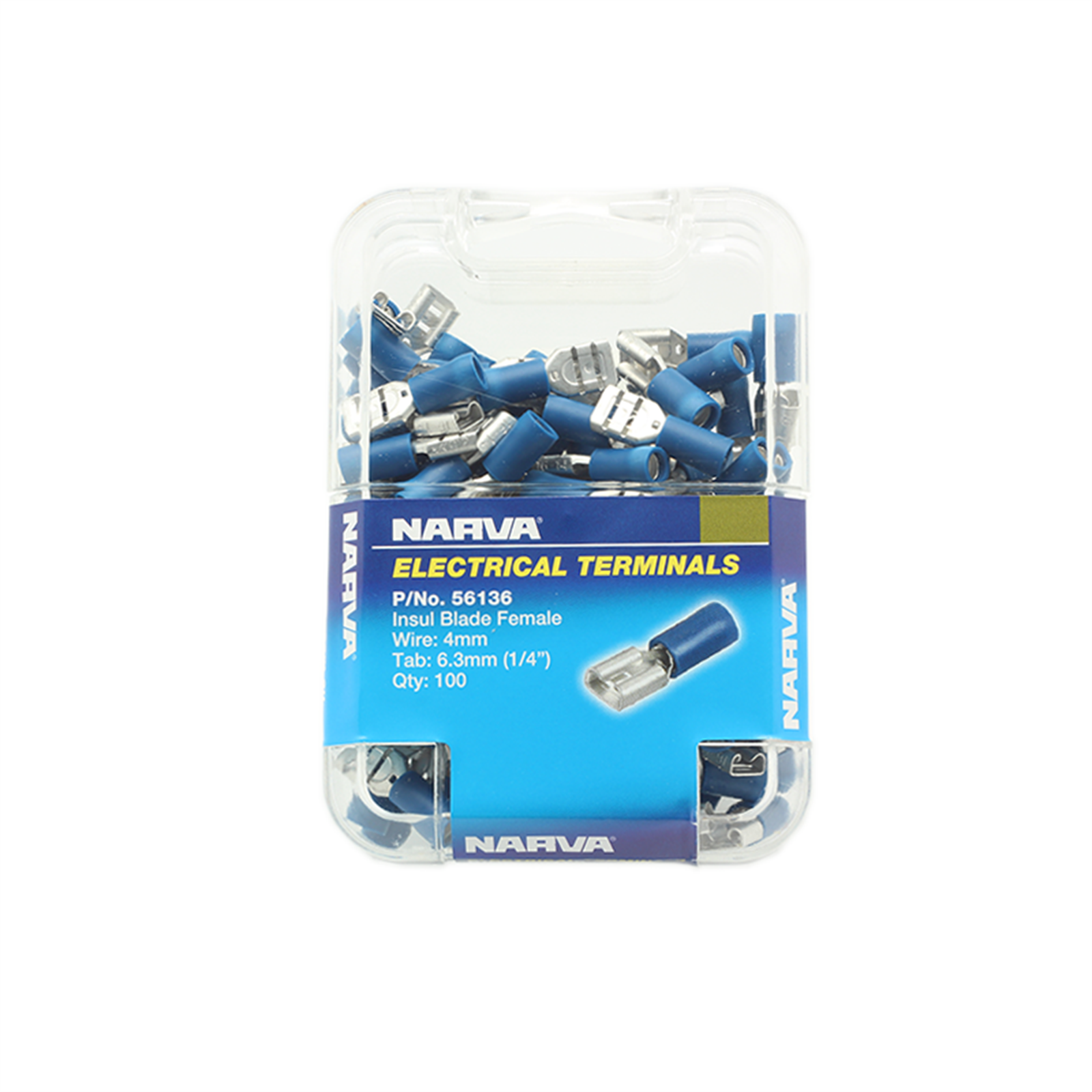 Narva Blue Double Crimped Female Blade Terminal, 4mm, 6.3 x 0.8mm, 100 Pack