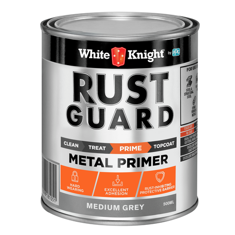 White Knight Rust Guard Metal Primer 500ml - Medium Grey Solvent Based Rust-Inhibiting Primer