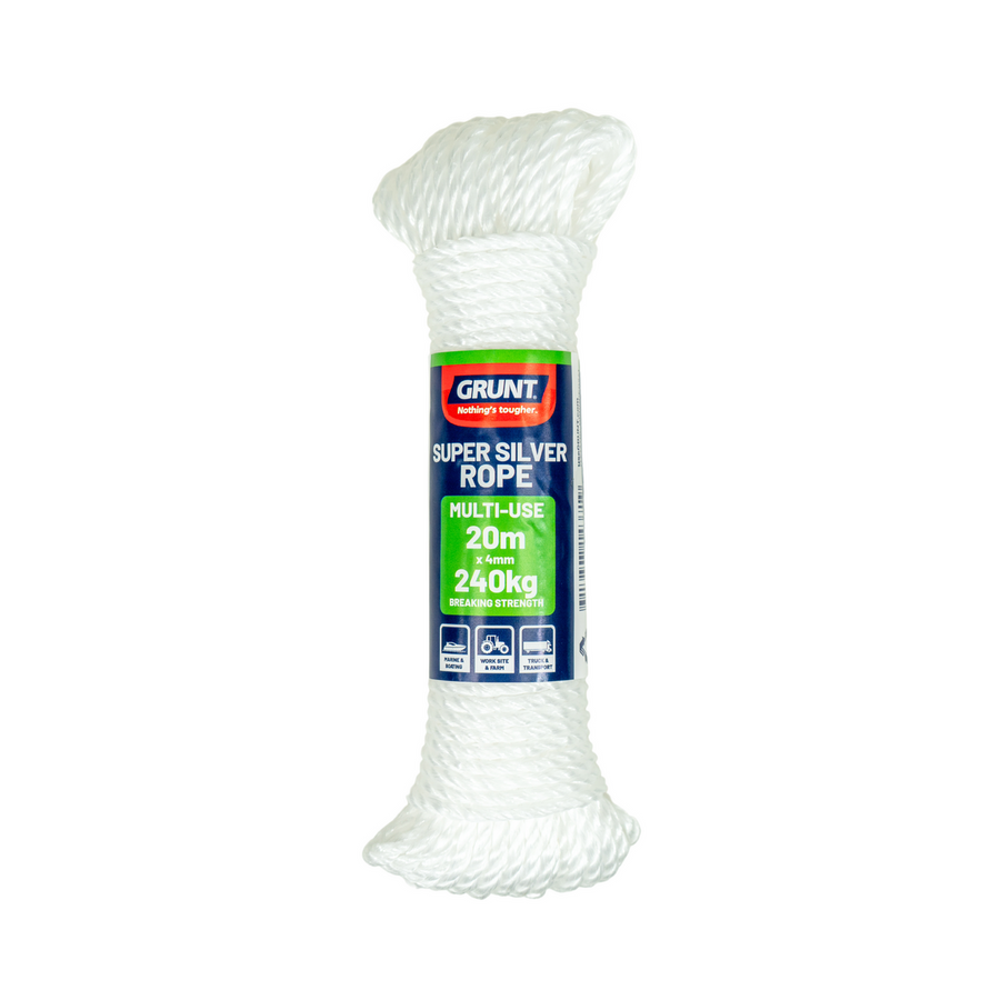 Grunt Supersilver Rope 4mm x 20m White Polypropylene Weather Resistant - SuperSaverAU - view 1