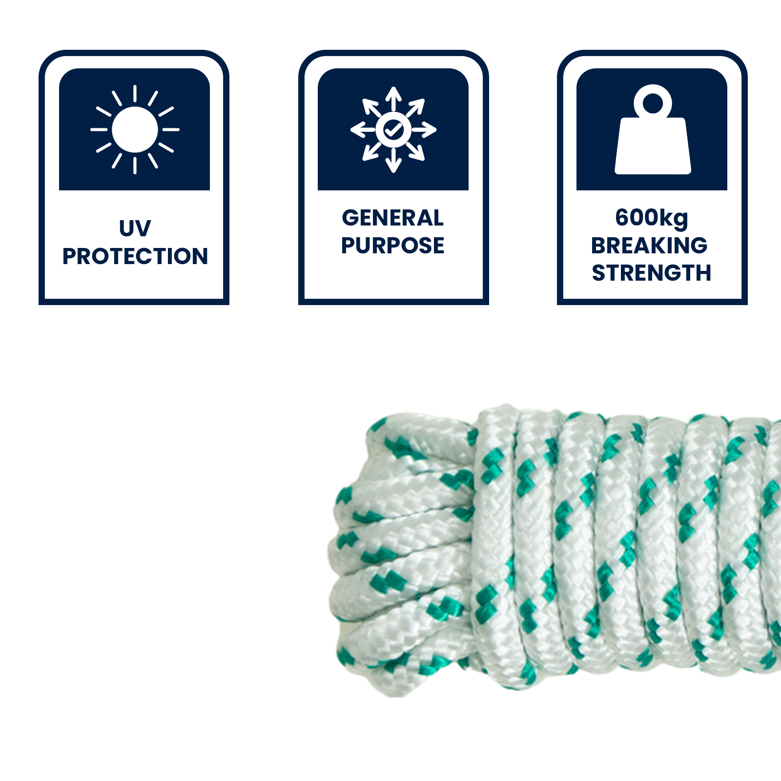 Grunt 8mm x 10m Outdoor Rope, White with Green Trace, Braided PP Multi-Filament, 600kg Break Strength