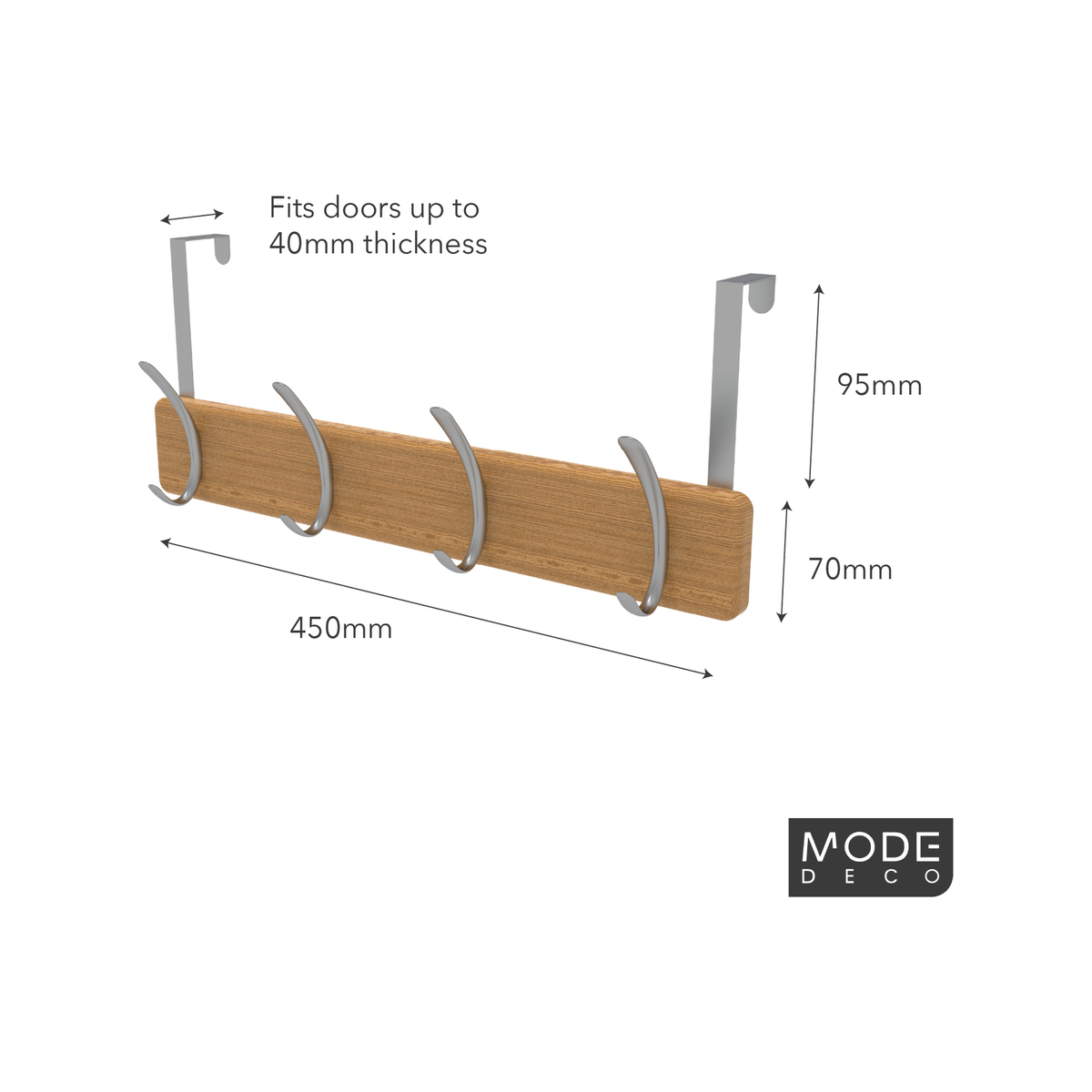 Mode 4 Over Door Hanger - Bamboo Board with 4 Chrome Hooks - 450mm x 70mm - SuperSaverAU - view 3