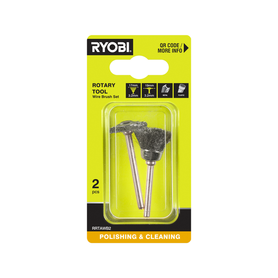 Ryobi Wire Brush 2 Pack - 17mm Fanned & 19mm Flat Steel Brushes - 15,000 RPM - SuperSaverAU - view 1