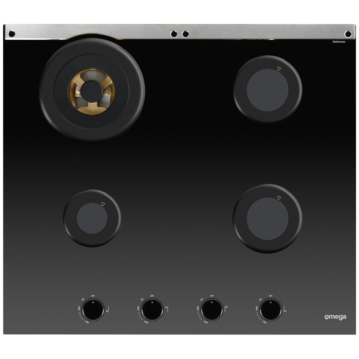 Omega 60cm Natural Gas Cooktop - Black Ceramic Glass, Wok Burner, Brass Burners, Cast Iron Trivets - OCGG604WB