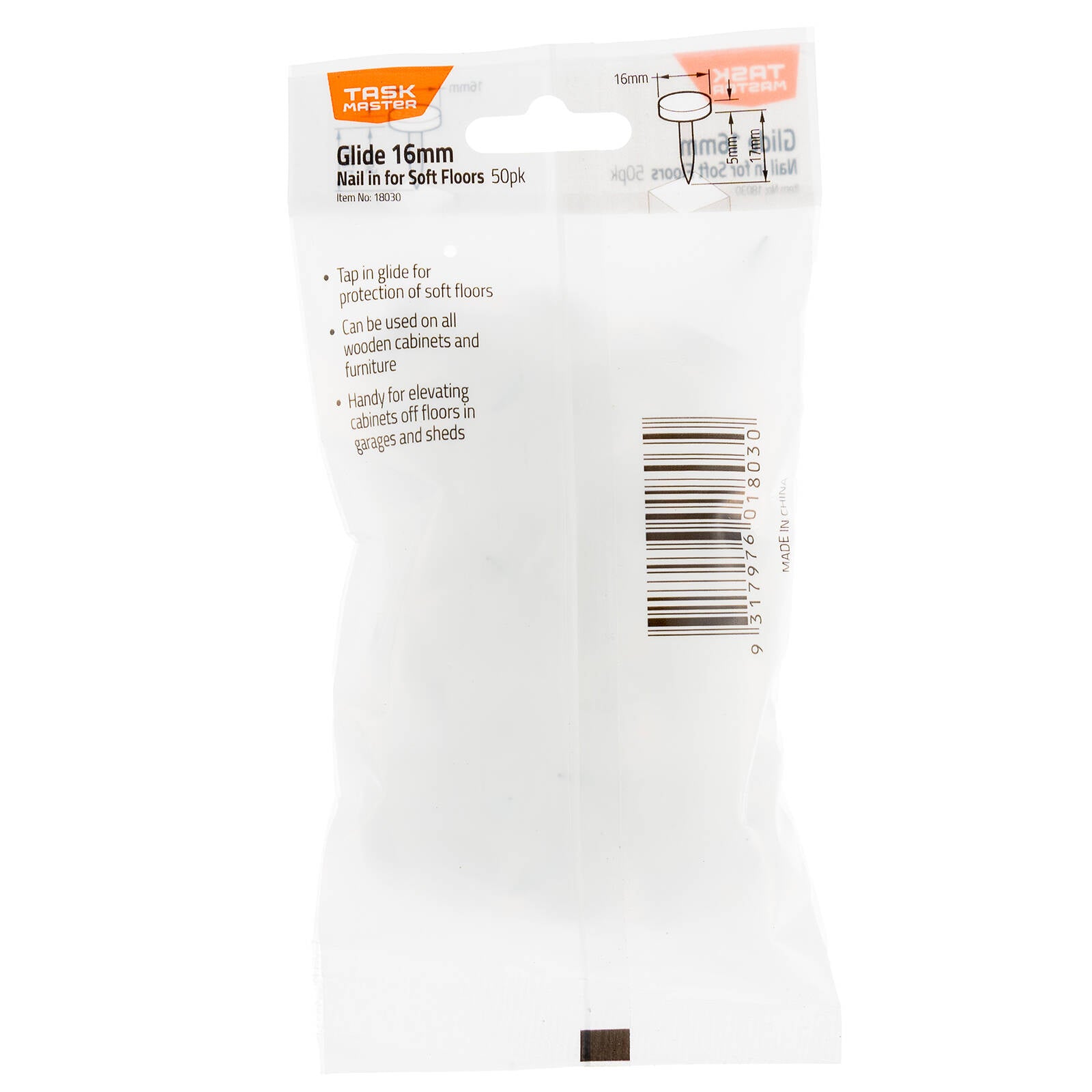 Taskmaster 16mm Nail In Slide Glide - 50 Pack Plastic