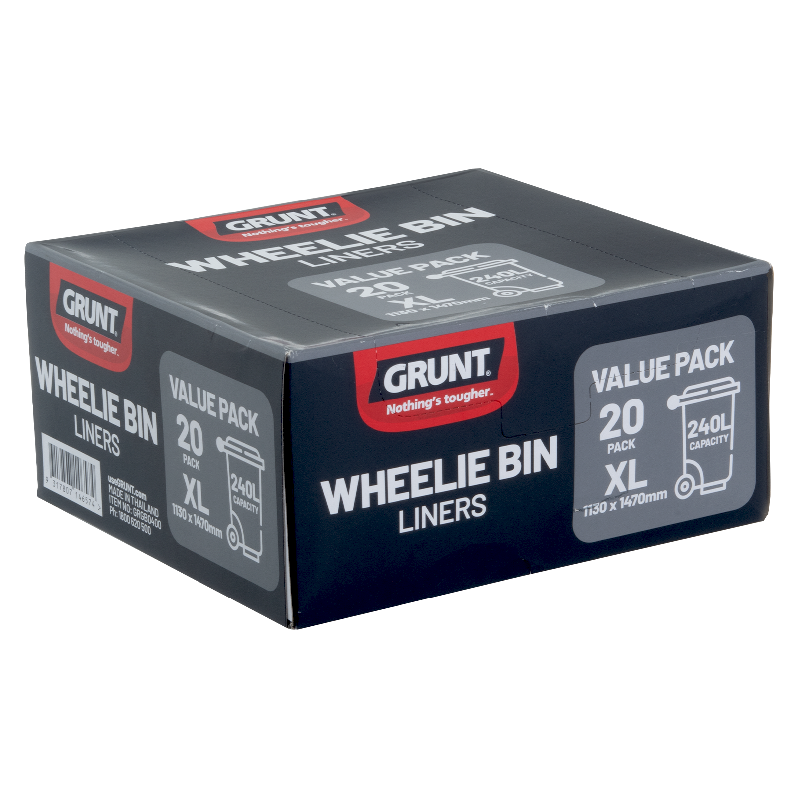 GRUNT 240L Large Wheelie Bin Liners, Pack of 20, Black Plastic