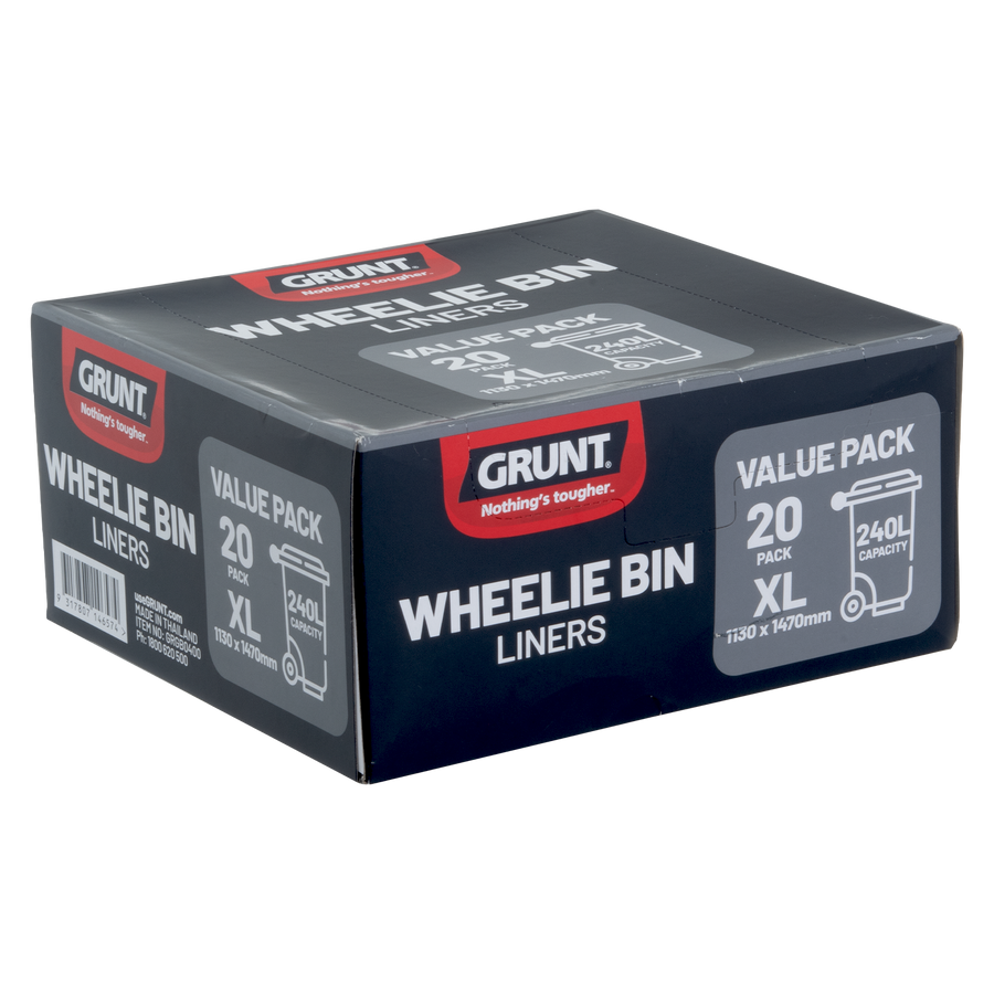 GRUNT 240L Large Wheelie Bin Liners, Pack of 20, Black Plastic