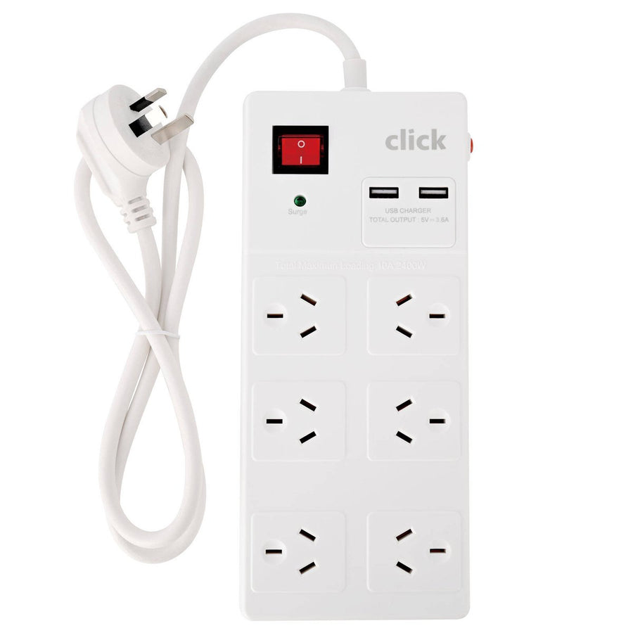 Click 6 Outlet Power Board - 90cm Cable - Surge Protection - Compact Design - SuperSaverAU - view 1