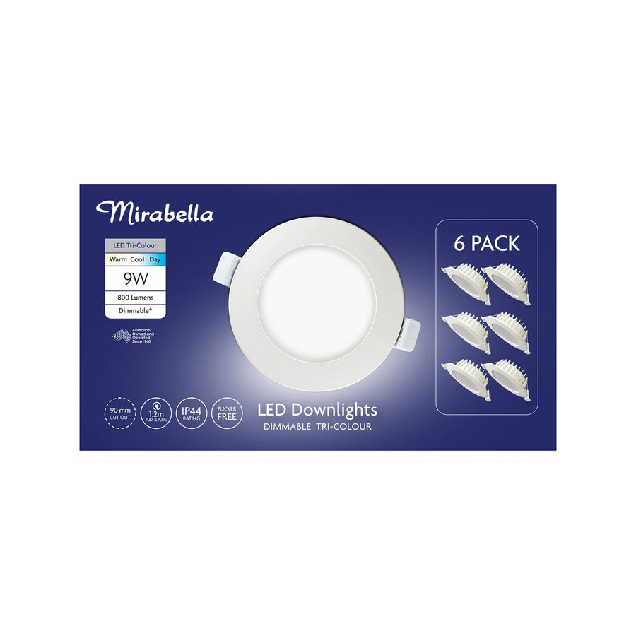 Mirabella 9W LED Downlights 6 Pack - 800lm - Dimmable - Tri-Colour - IP44 - SuperSaverAU - view 1