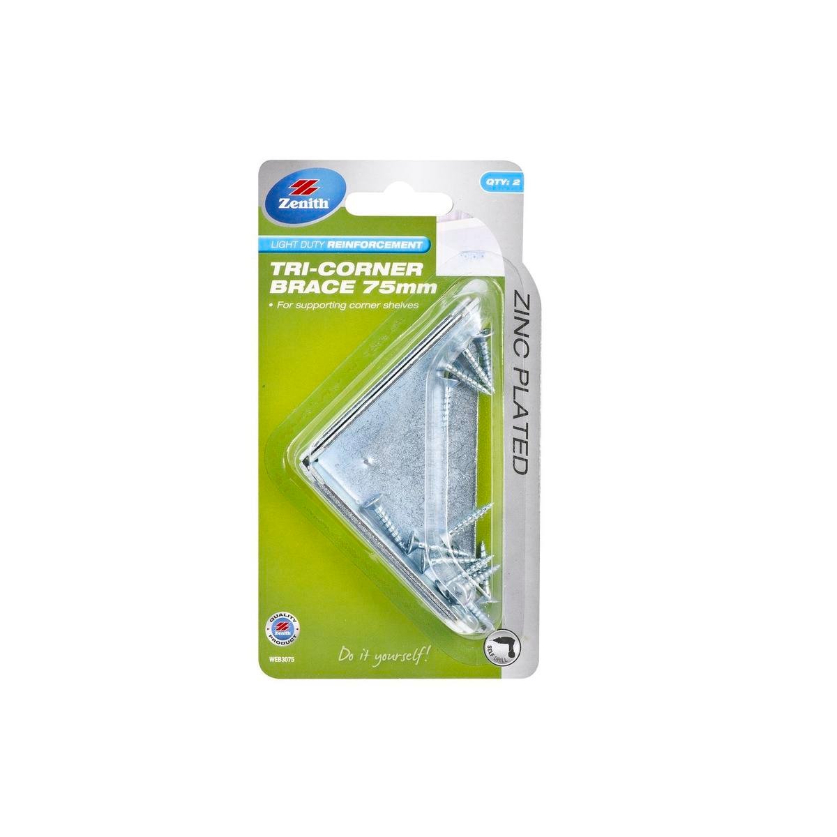 Zenith Tri Corner Brace - 75mm - Zinc Plated - Light Duty - 2 Pack