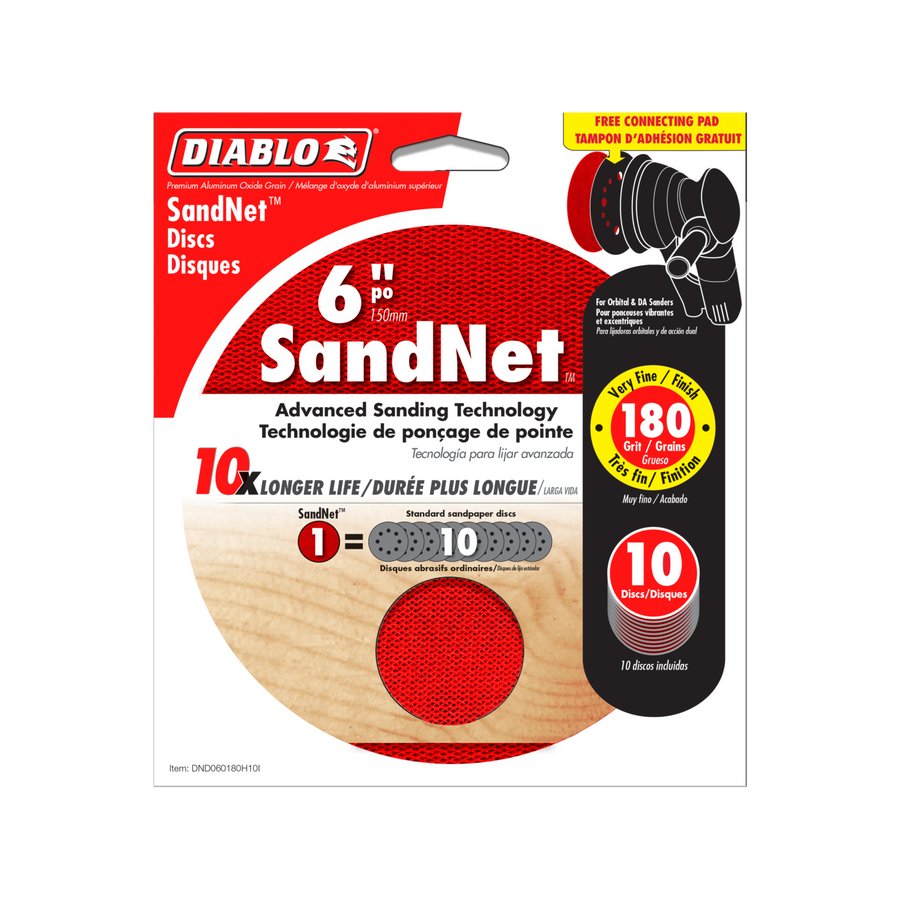 Diablo 150mm 180 Grit SandNET Orbital Discs with Connection Pad 10 Pack Red