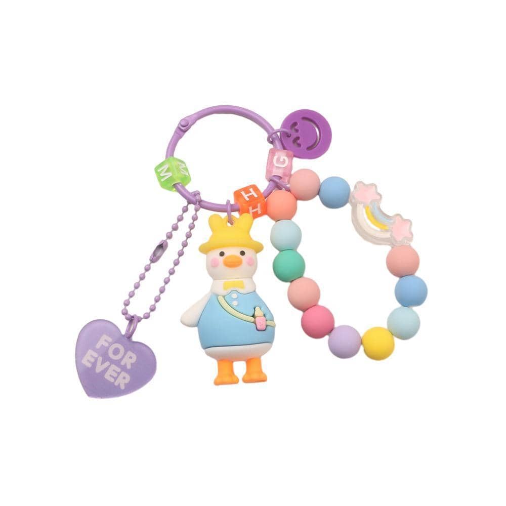 3D Duck Keychain with Bead Strand and Heart Charm - Light Blue and Purple