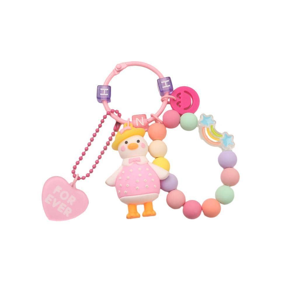 3D Duck Keychain with Bead Strand and Heart Charm - Pink
