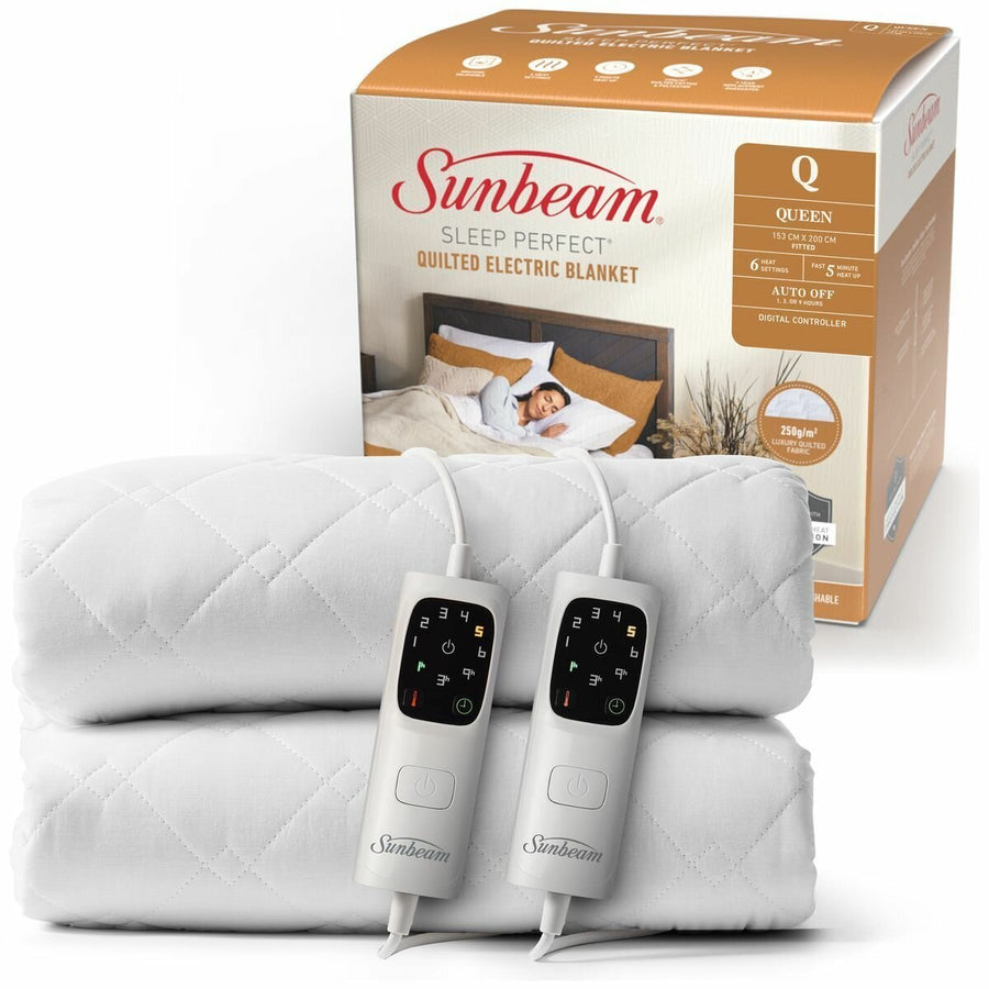 Sunbeam Sleep Perfect Quilted Queen Electric Blanket - Dual Controls, 6 Heat Settings - BLQ6451