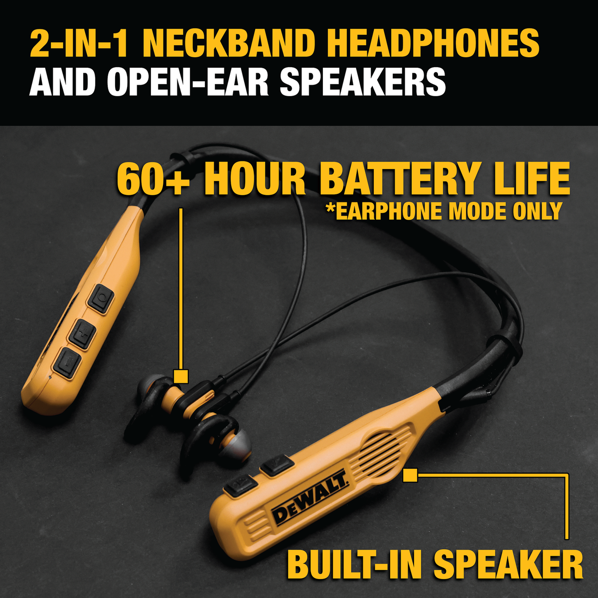 Dewalt 2 in 1 Neckband Headphones Open Ear Speakers - 60+ Hours Battery Life - IP56 Water Resistant - SuperSaverAU - view 2
