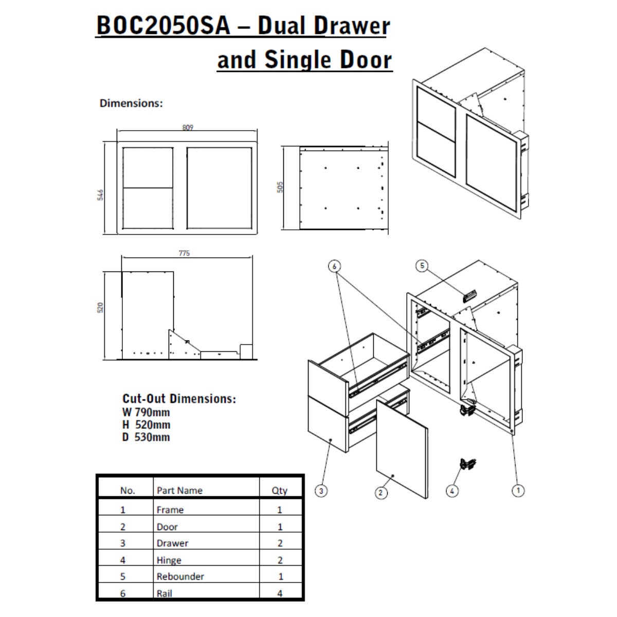 Beefeater Stainless Steel Single Cupboard Door with 2 Drawers - Easy-Glide Drawers - BOC2050SA
